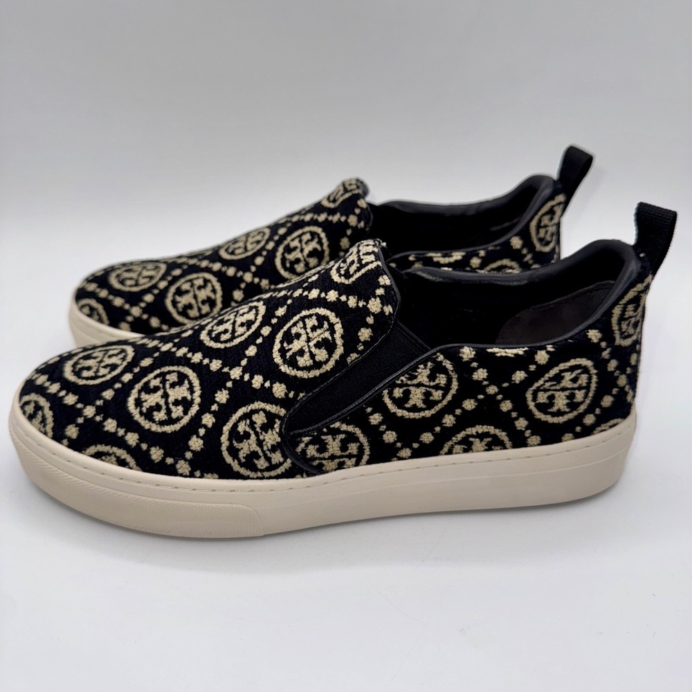 Tory Burch Monogram Soft Embossed Sneakers Women's Size 7.5 Black Chenille - Picture 12 of 13